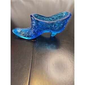 Vintage Blue Glass Slipper Shoe Button and Daisy Pattern with Bow